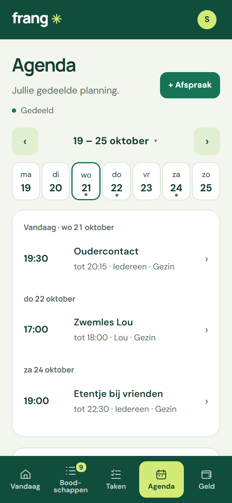 Agenda in weekweergave met de afspraken van het gezin.