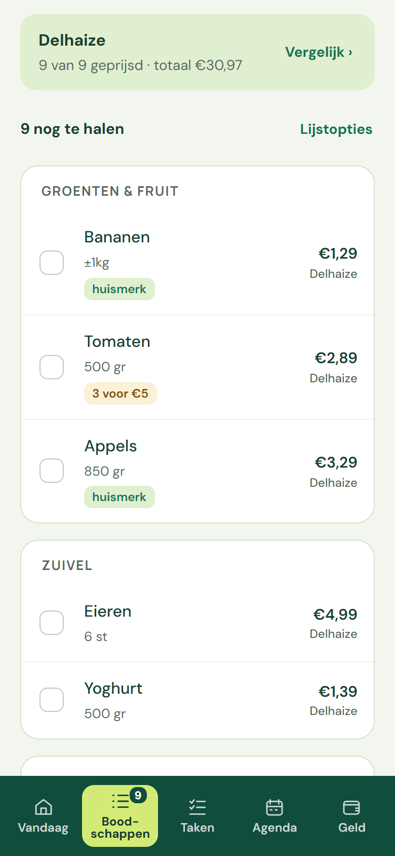 Boodschappen per gangpad, met prijzen.