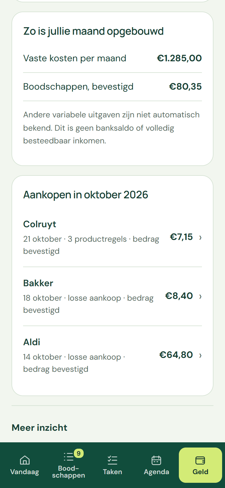 Je maand: de opbouw van de maand en aankopen met een bevestigd bedrag.